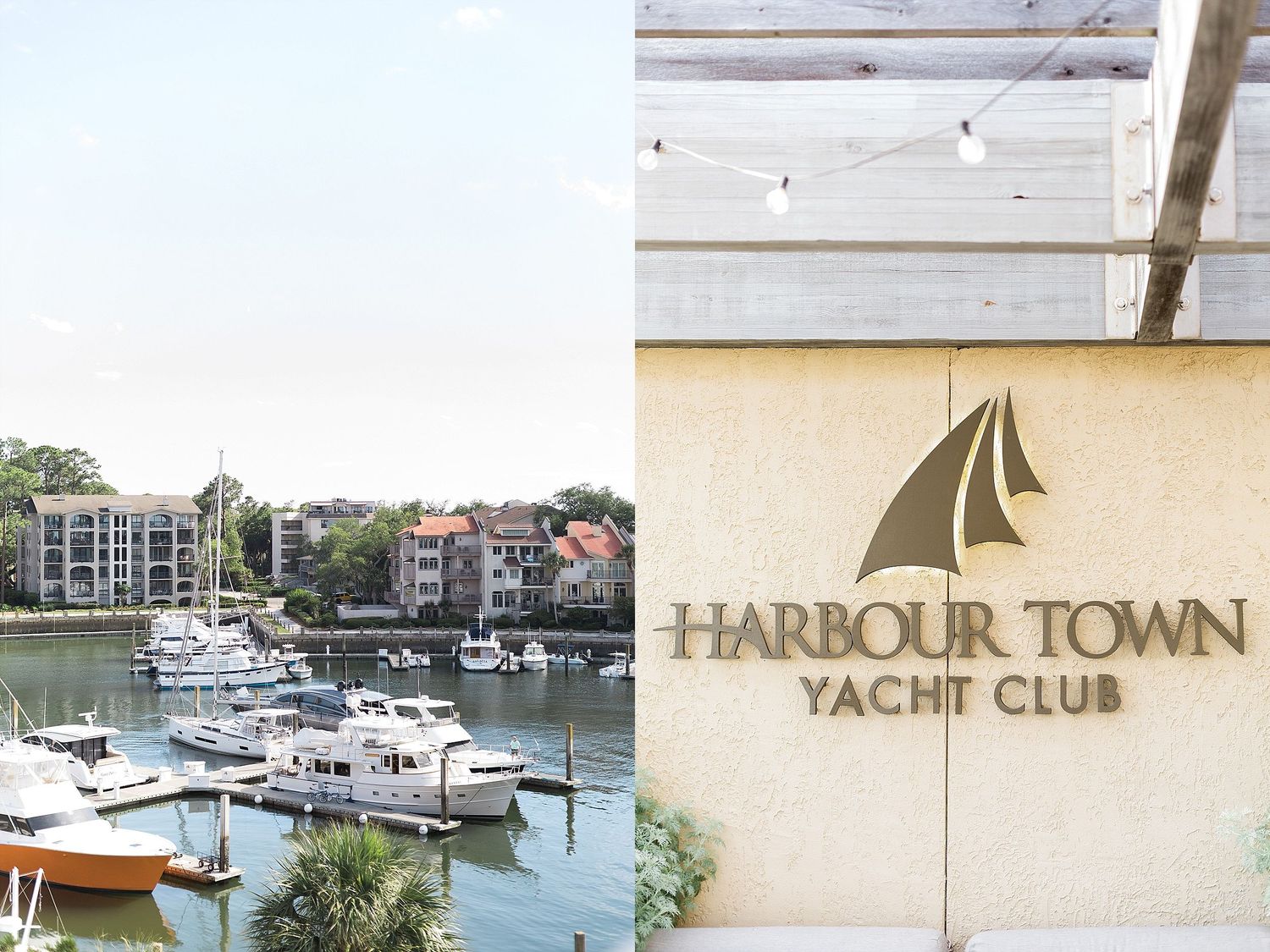 Split image of marina with boats and Harbour Town Yacht Club signage on beige wall.