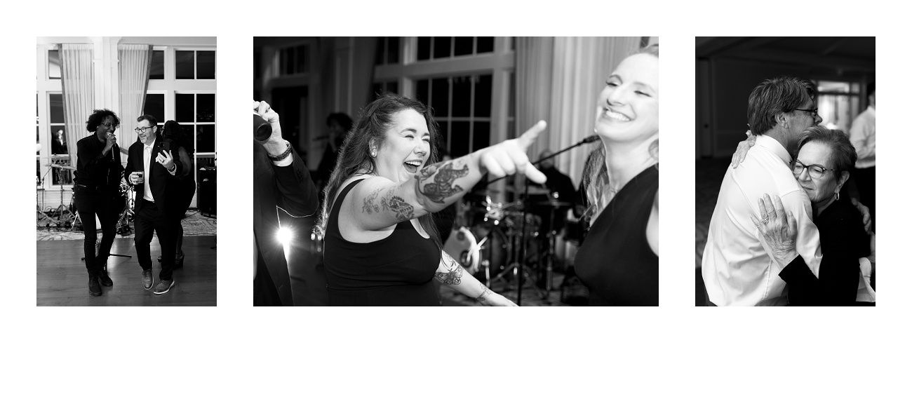 Black and white candid shots of wedding guests enjoying the reception festivities.
