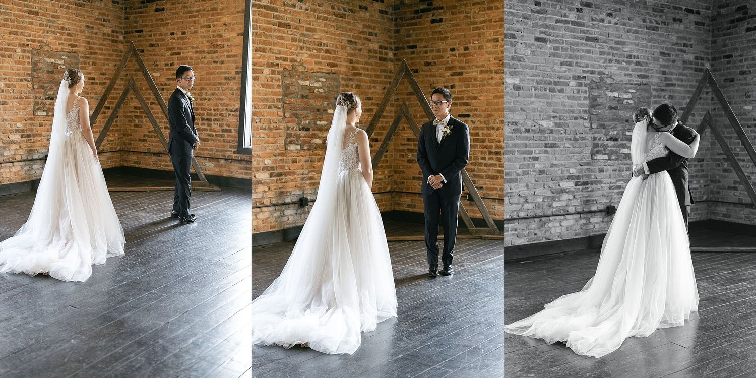 A triptych of wedding moments captured in an industrial brick venue with elegant flowing white gowns.