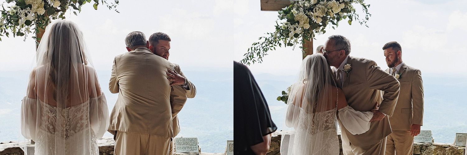 A wedding ceremony scene showing special moments between family members at an outdoor venue.