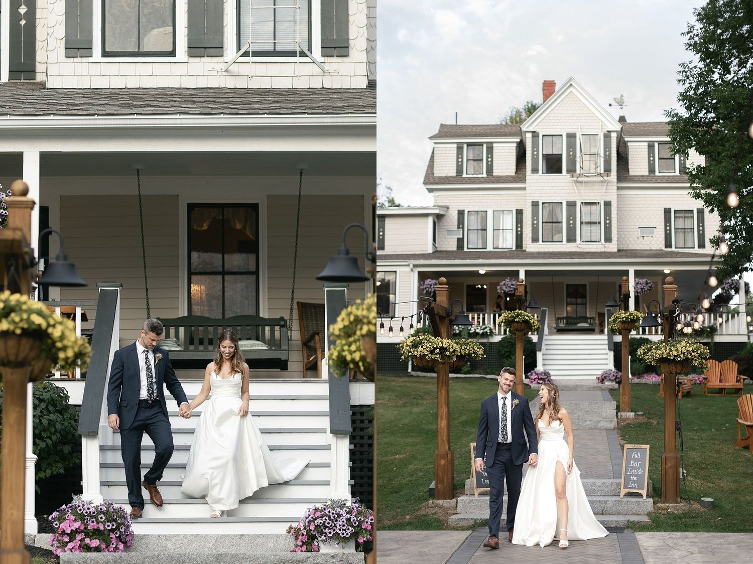 Side-by-side comparison of couple on white porch steps at historic house venue.