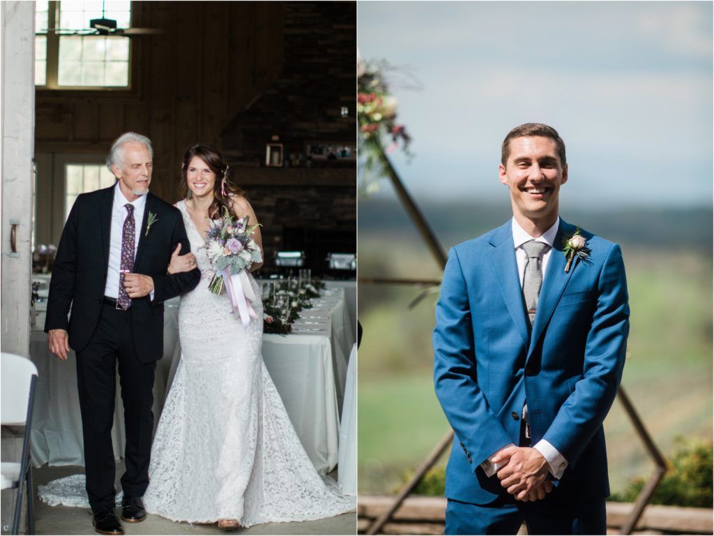 Wedding day portraits showing a traditional walk down the aisle and groom in bright blue suit against scenic backdrop.