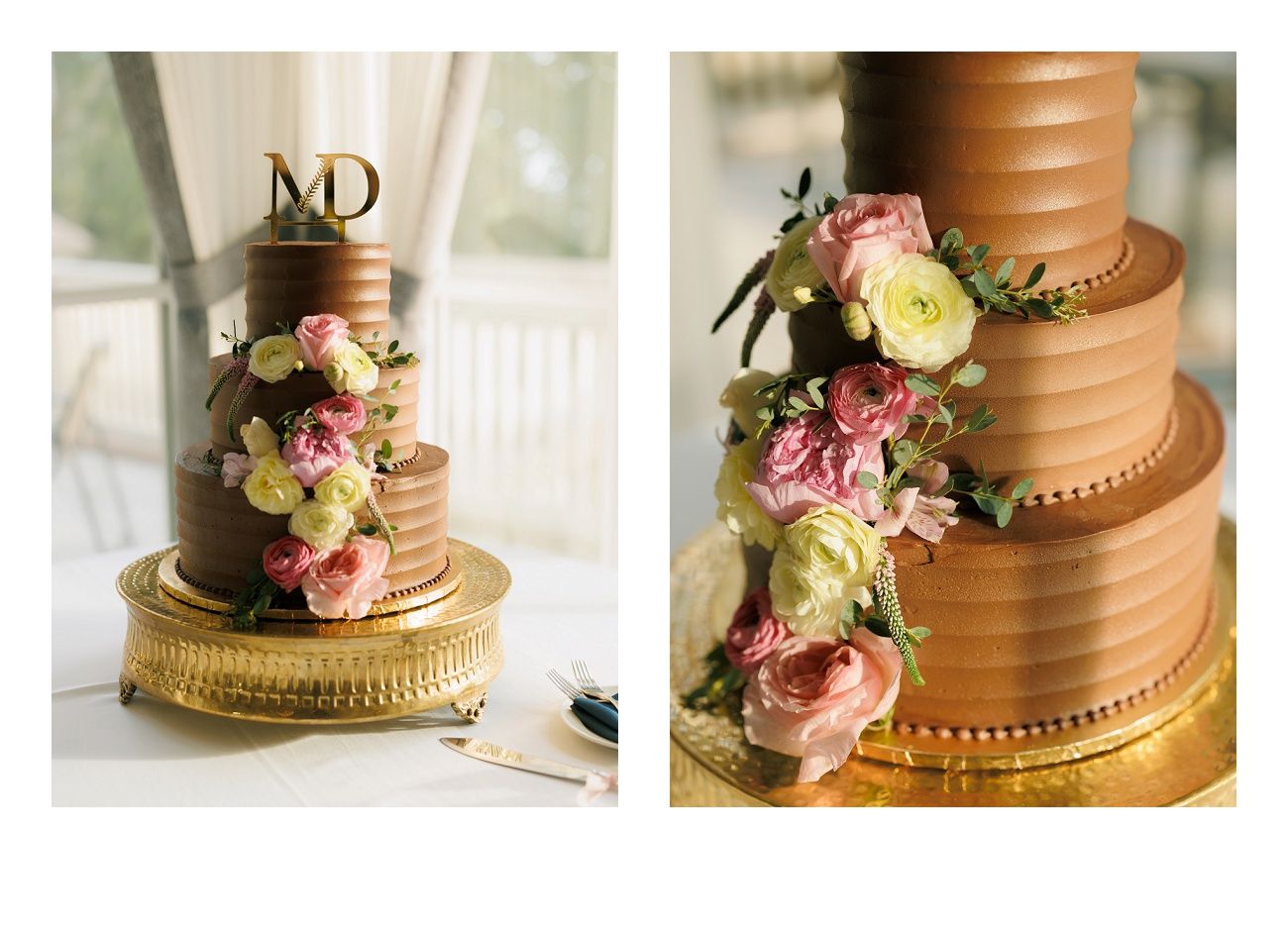 Elegant copper-toned wedding cake decorated with fresh pink and cream flowers on a gold stand.