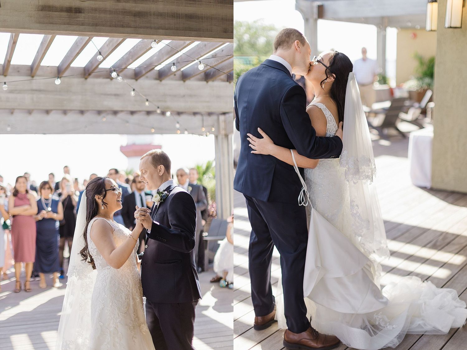 Wedding couple sharing intimate moments under an outdoor covered venue.