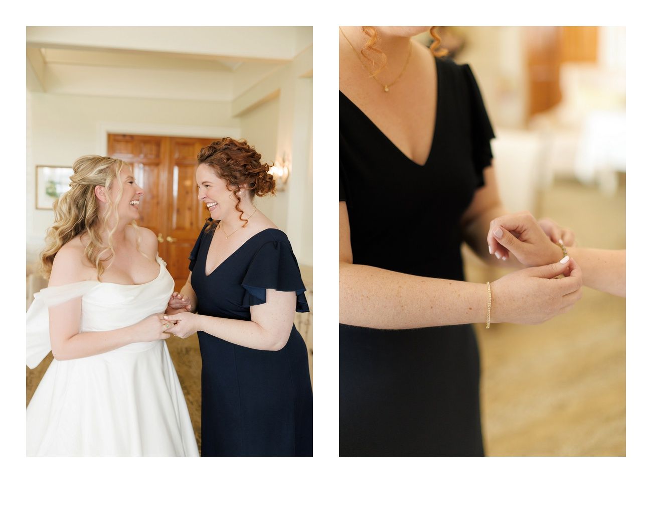 Close-up shots of wedding preparations showing dress details and intimate moments.
