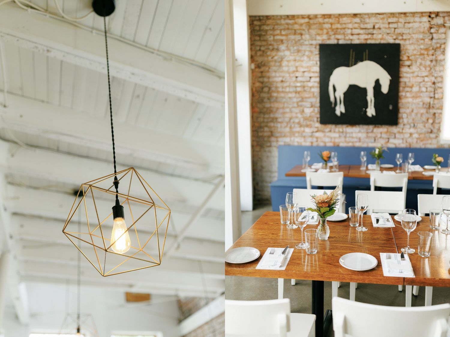 Modern industrial restaurant interior with exposed brick walls, white ceiling, and geometric pendant lights.