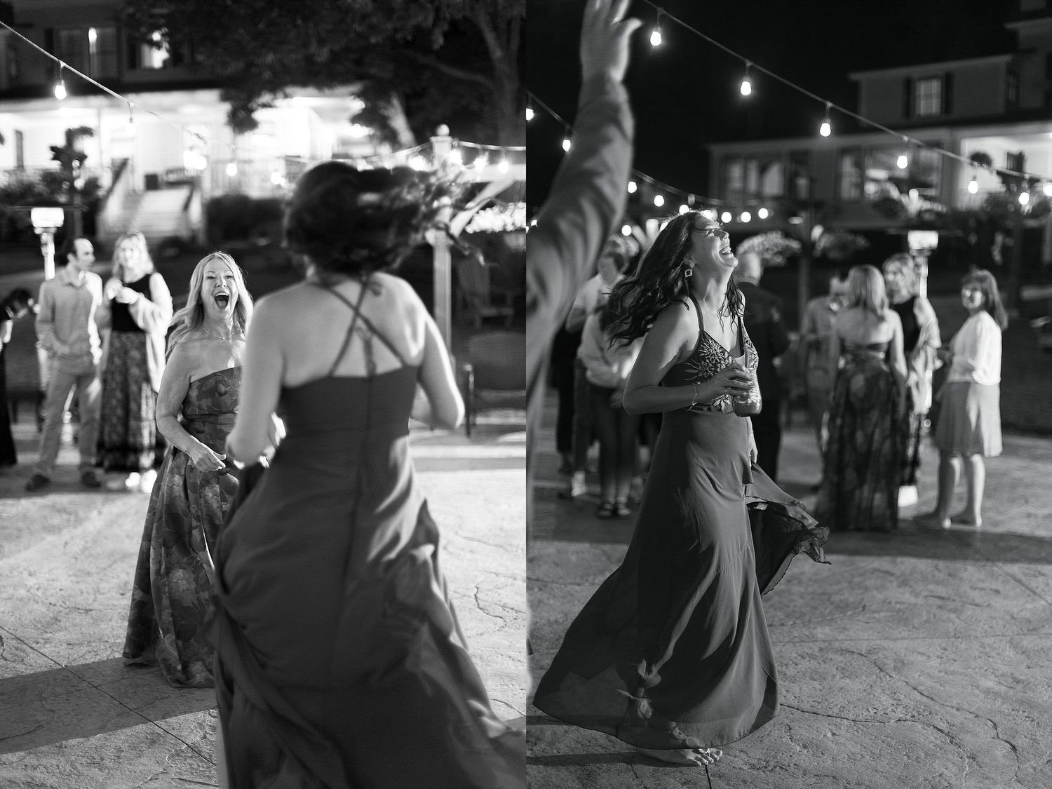 Wedding guests dance enthusiastically at an outdoor reception under string lights.