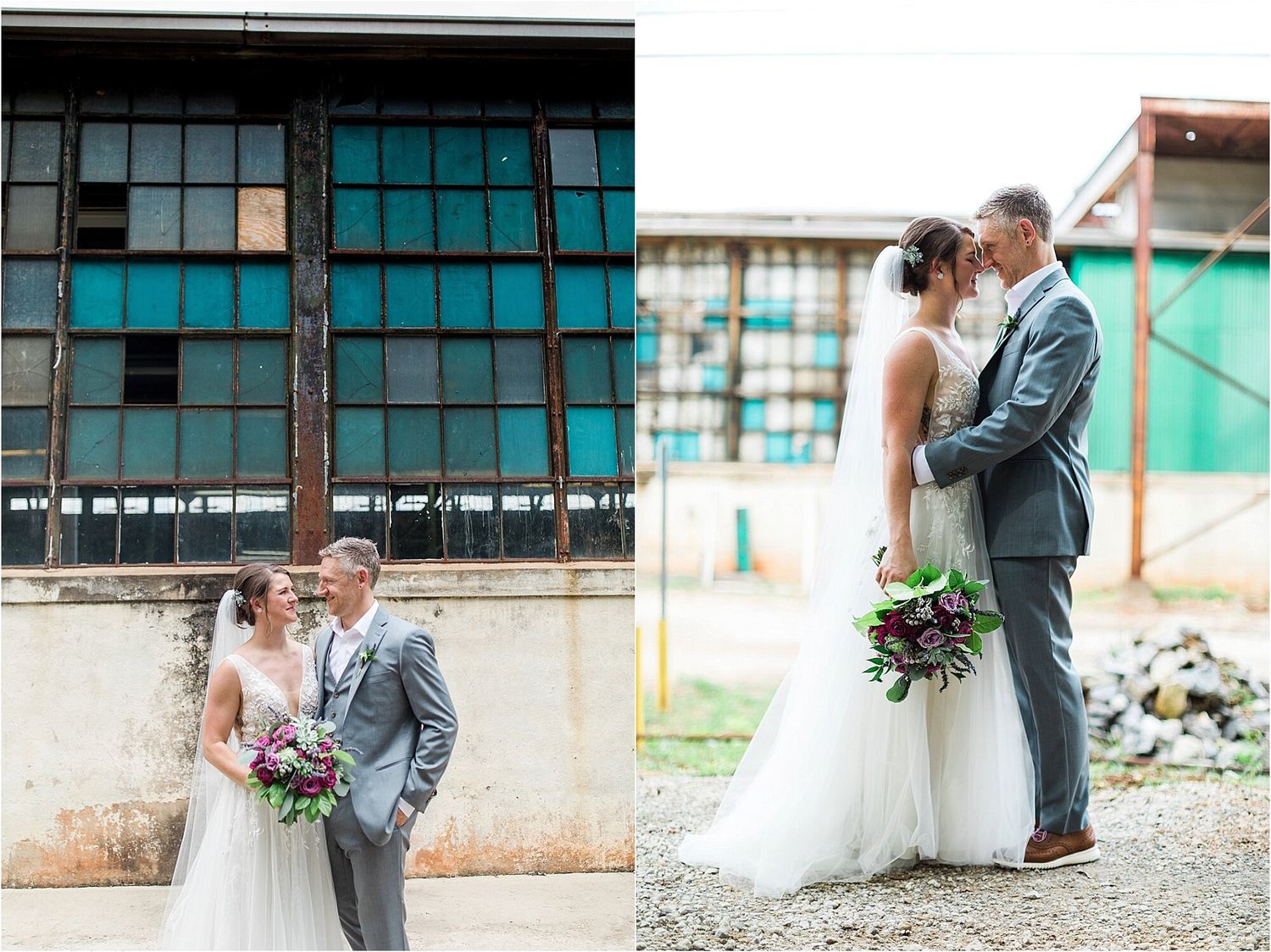 Wedding couple portraits against an industrial building backdrop with rustic windows.