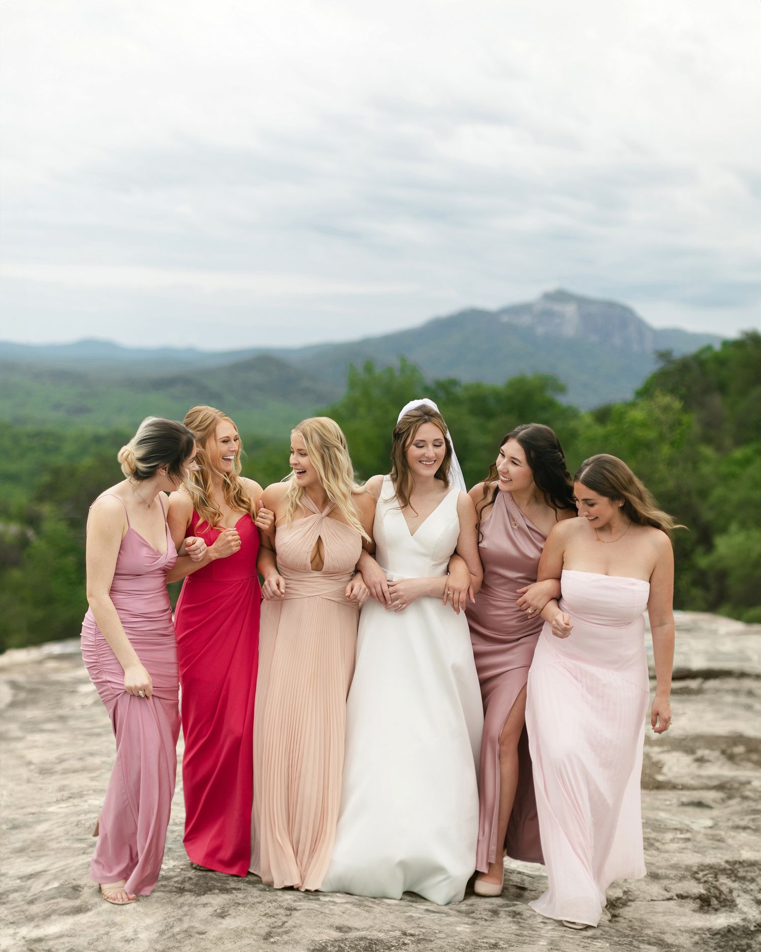 Wedding party in coordinating pink and rose-colored gowns pose together with mountain vista in background.