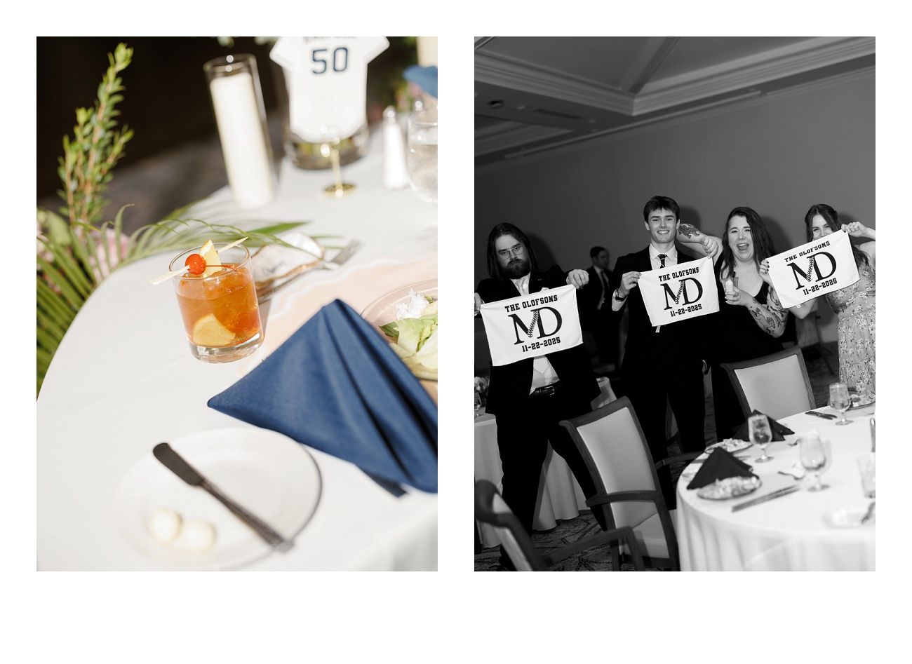 Wedding reception details including table numbers, floral arrangements, and place settings in navy and white.
