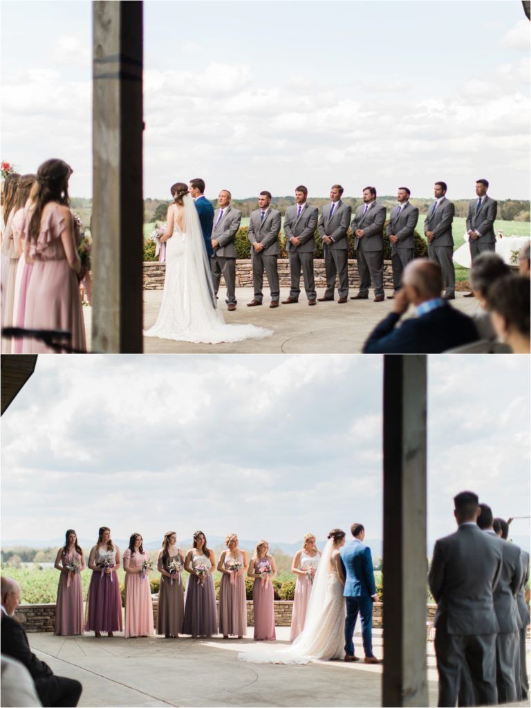 Wedding ceremony layout showing bridal party in pink dresses and groomsmen in gray suits.