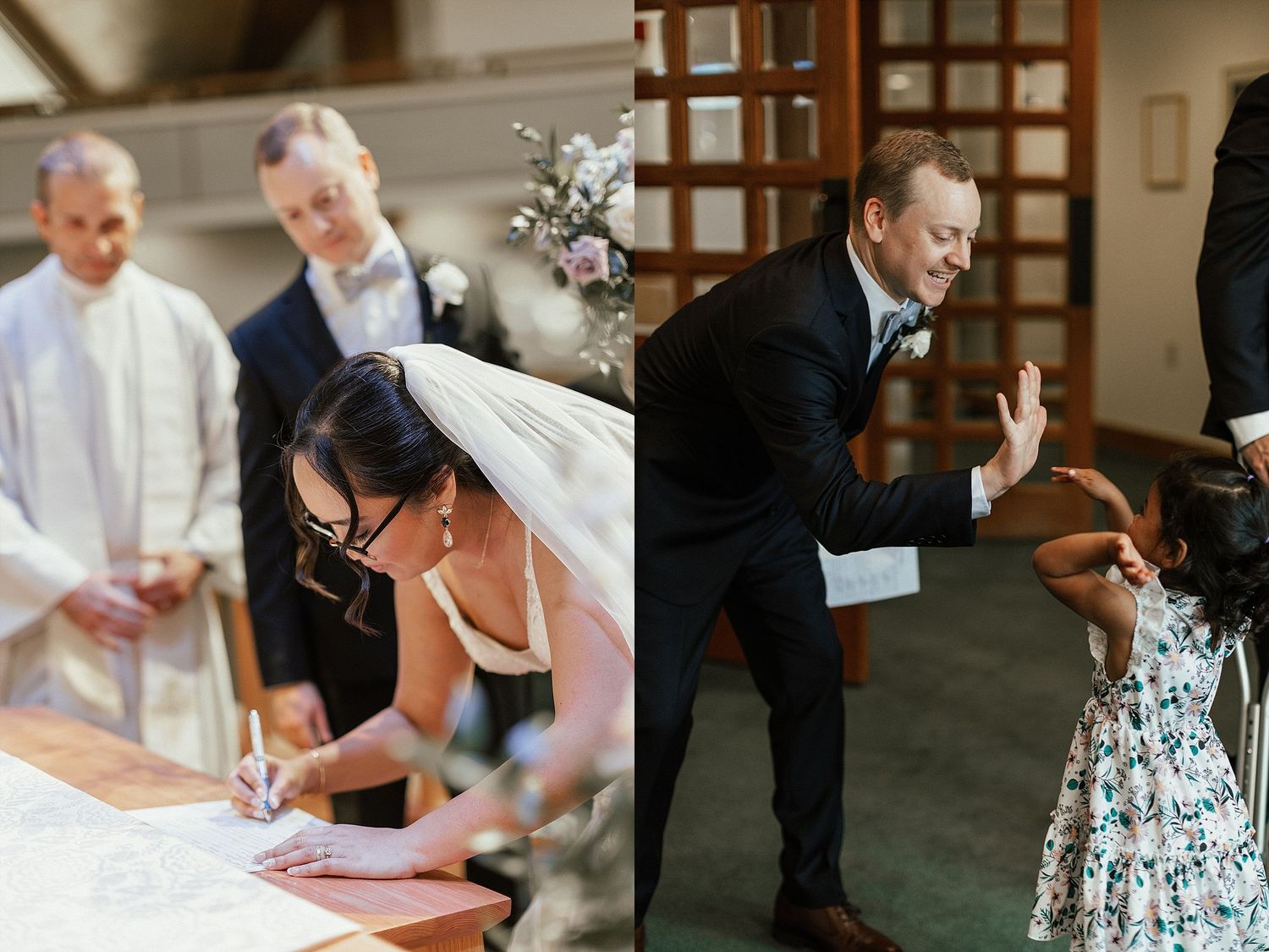 Wedding ceremony candid moments showing document signing and celebration.