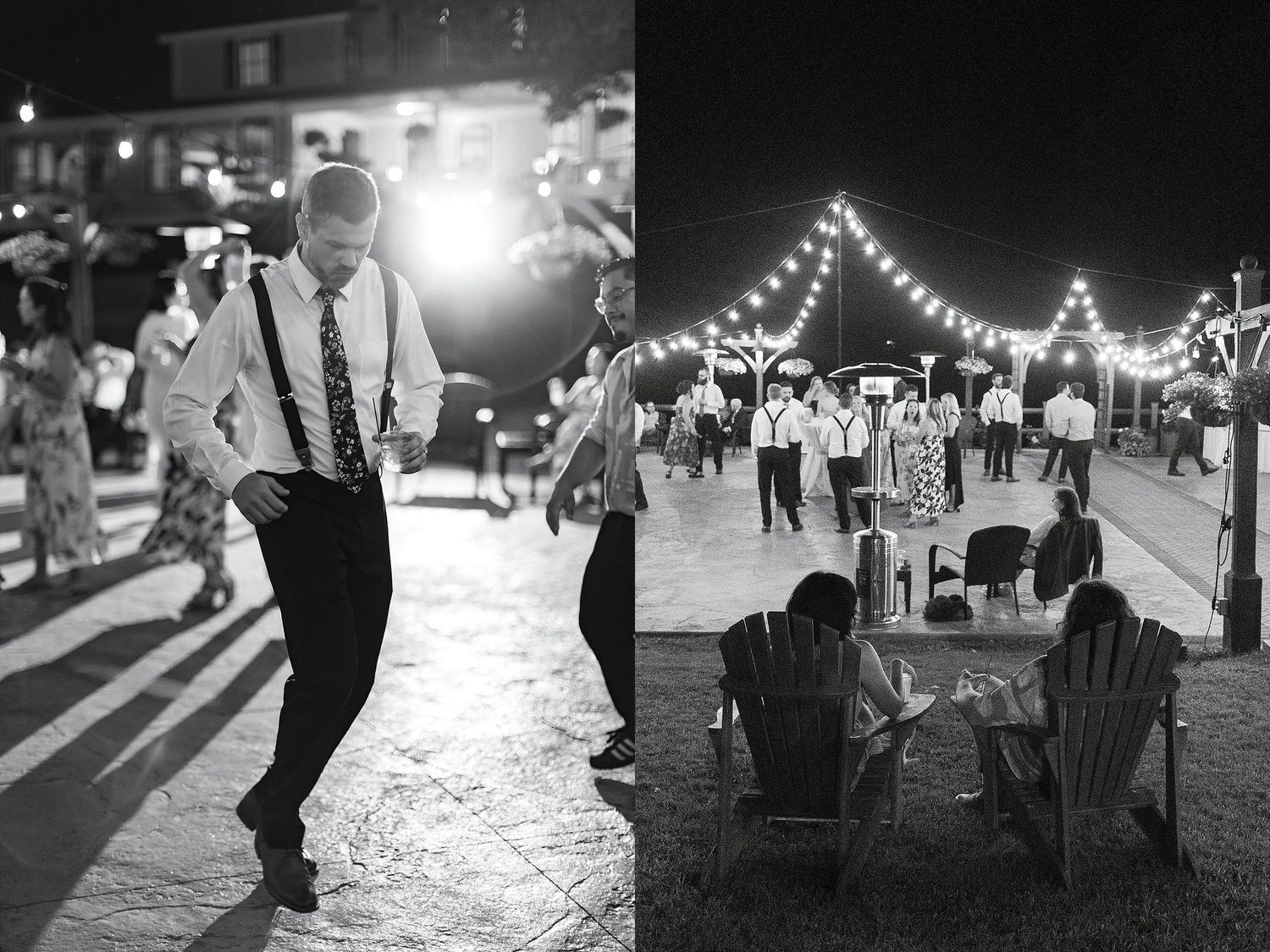 Split image of dancing at wedding reception and guests relaxing under string lights.