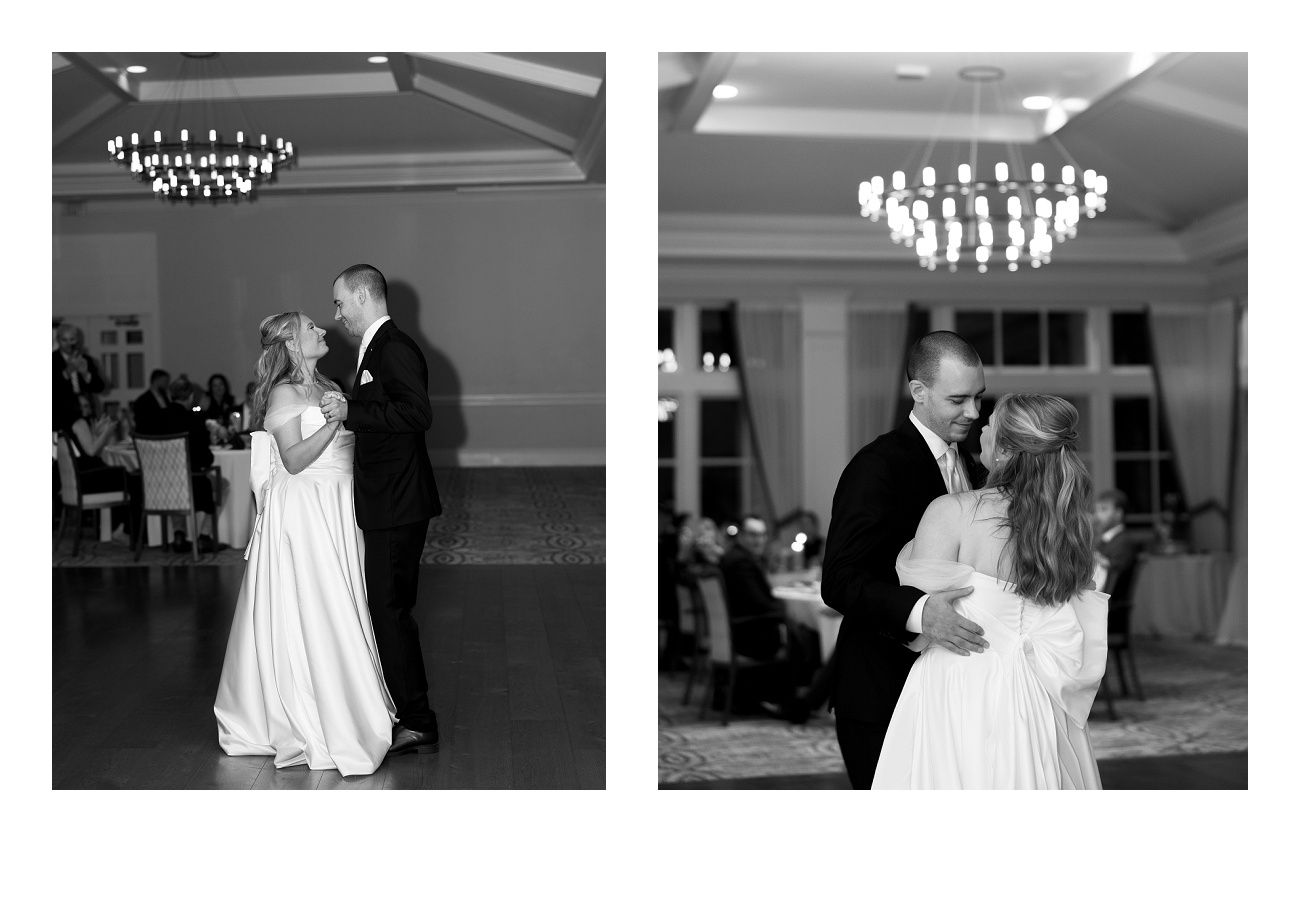 Couples dance and celebrate during a formal wedding reception under elegant crystal chandeliers.