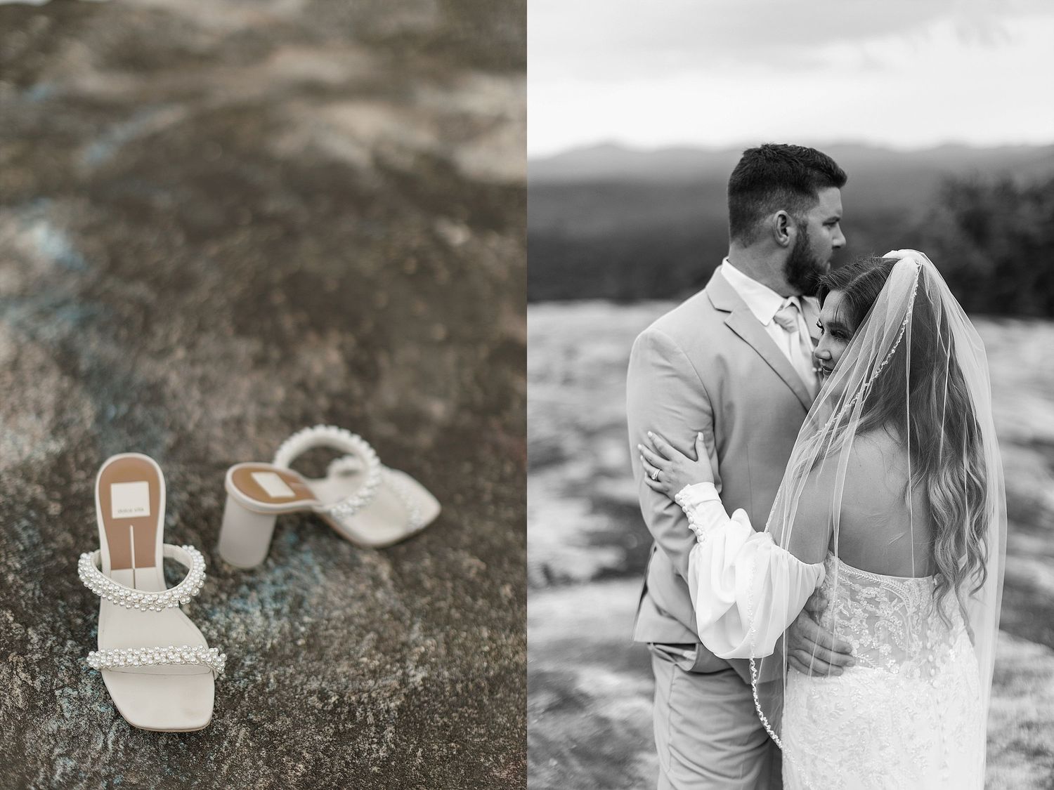 Wedding shoes on rock surface paired with intimate couple portrait in black and white.