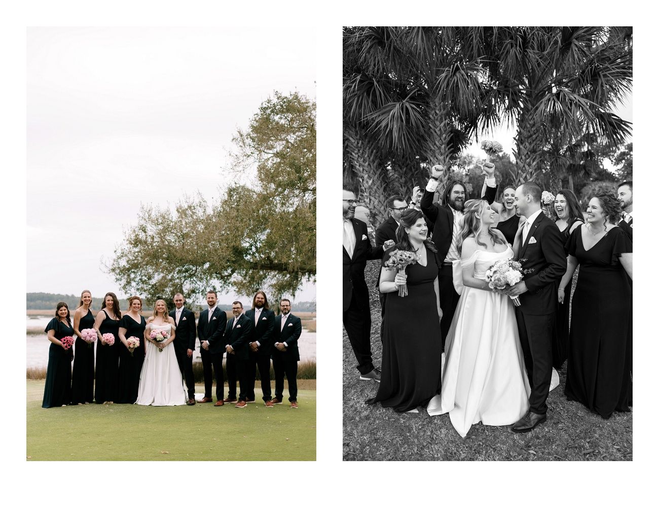 Wedding party poses together on grassy lawn during outdoor ceremony.