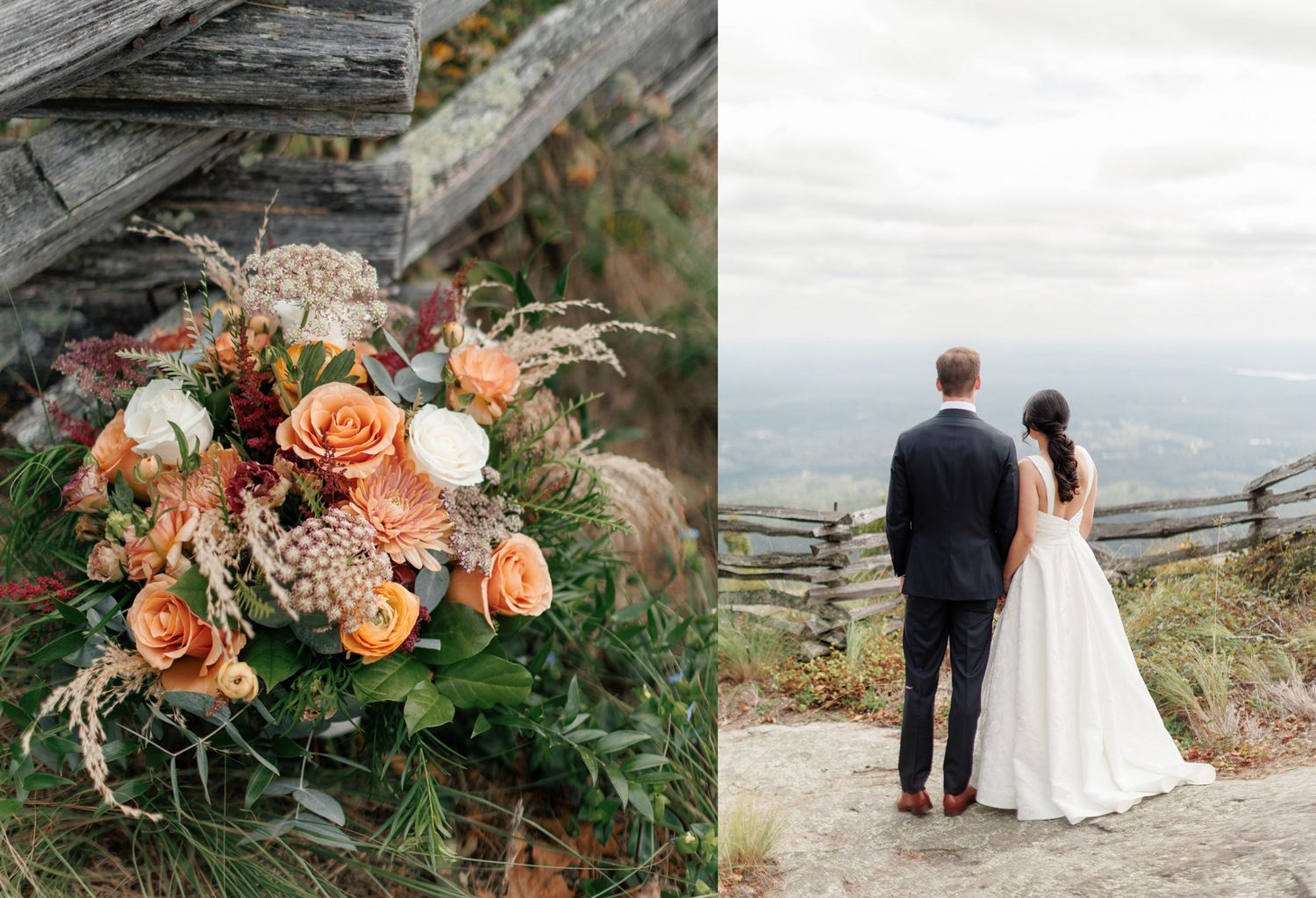 A peach and coral floral bouquet with roses sits next to a couple standing on a mountaintop overlook.