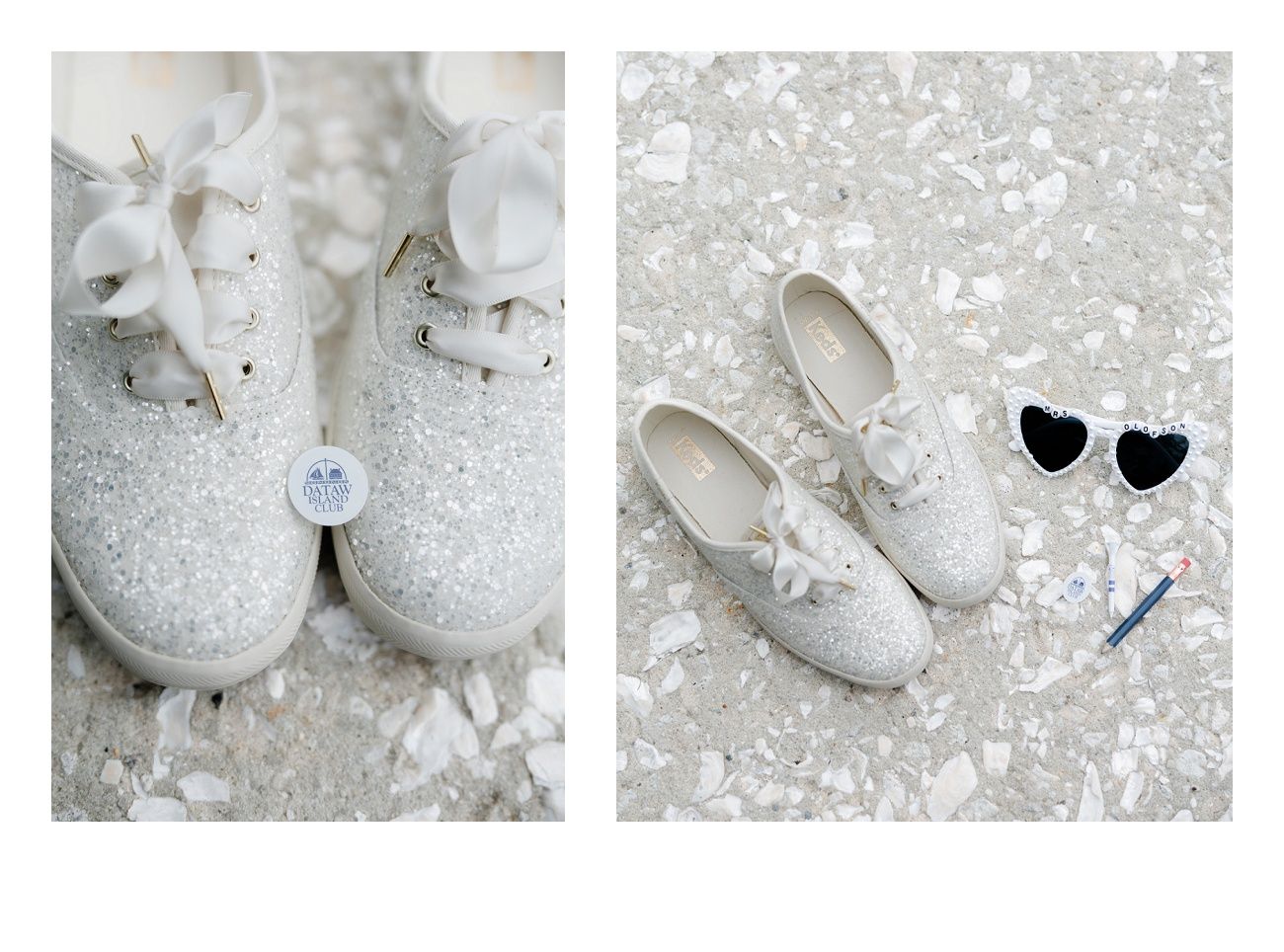 Small white baby shoes displayed on a sparkly glitter background.