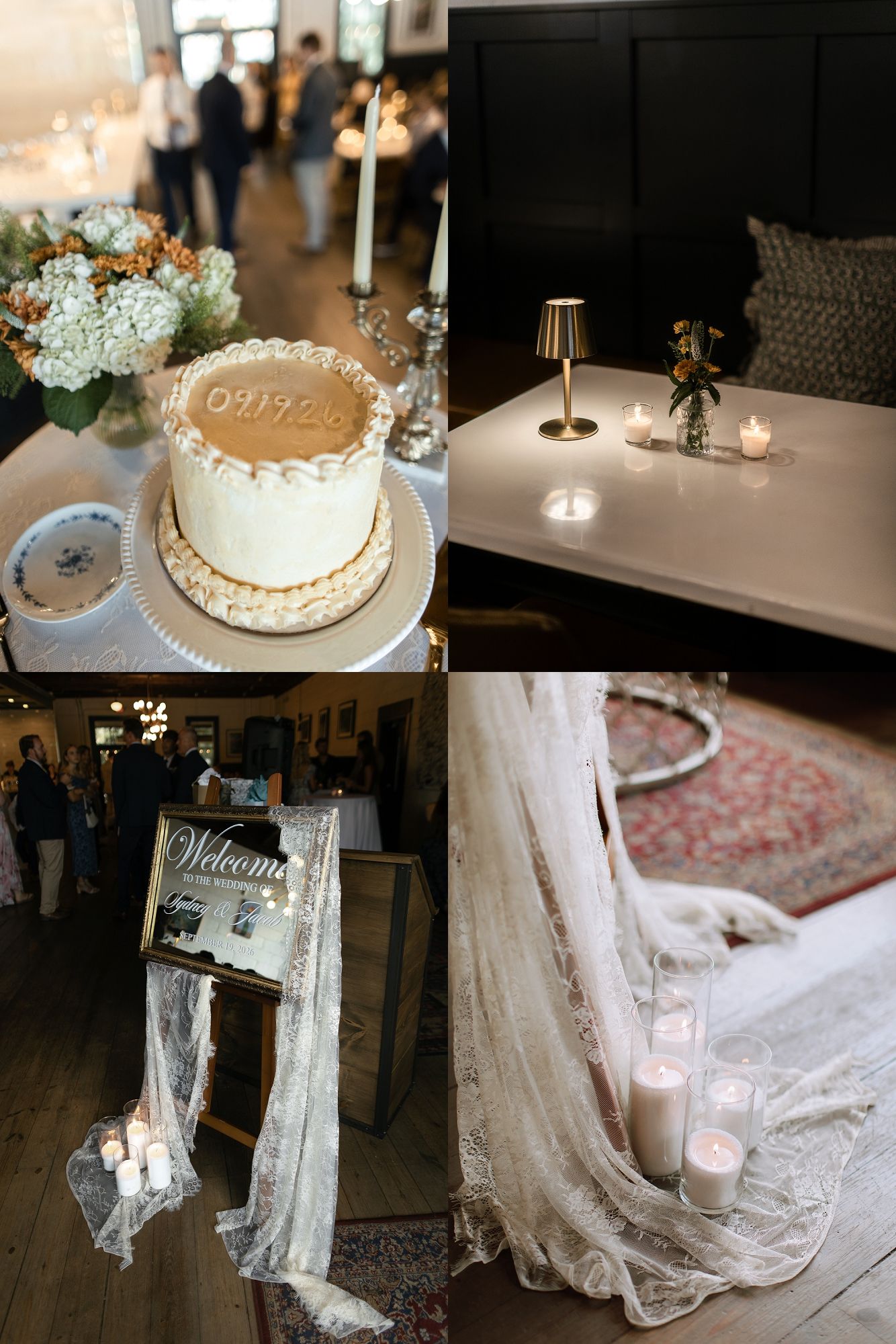 Wedding reception details featuring a white cake, candlelit booth, welcome sign, and lace fabric with candles.