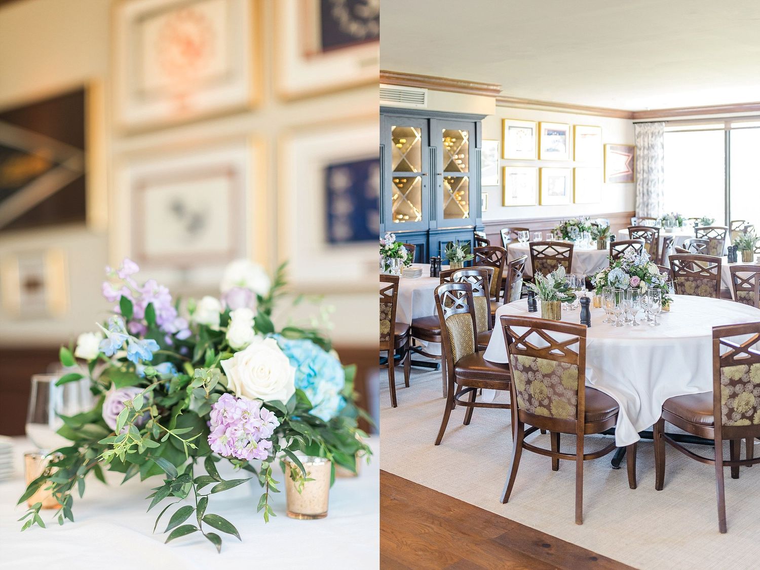 Wedding reception venue with elegant table settings and floral centerpieces in soft blue and white.