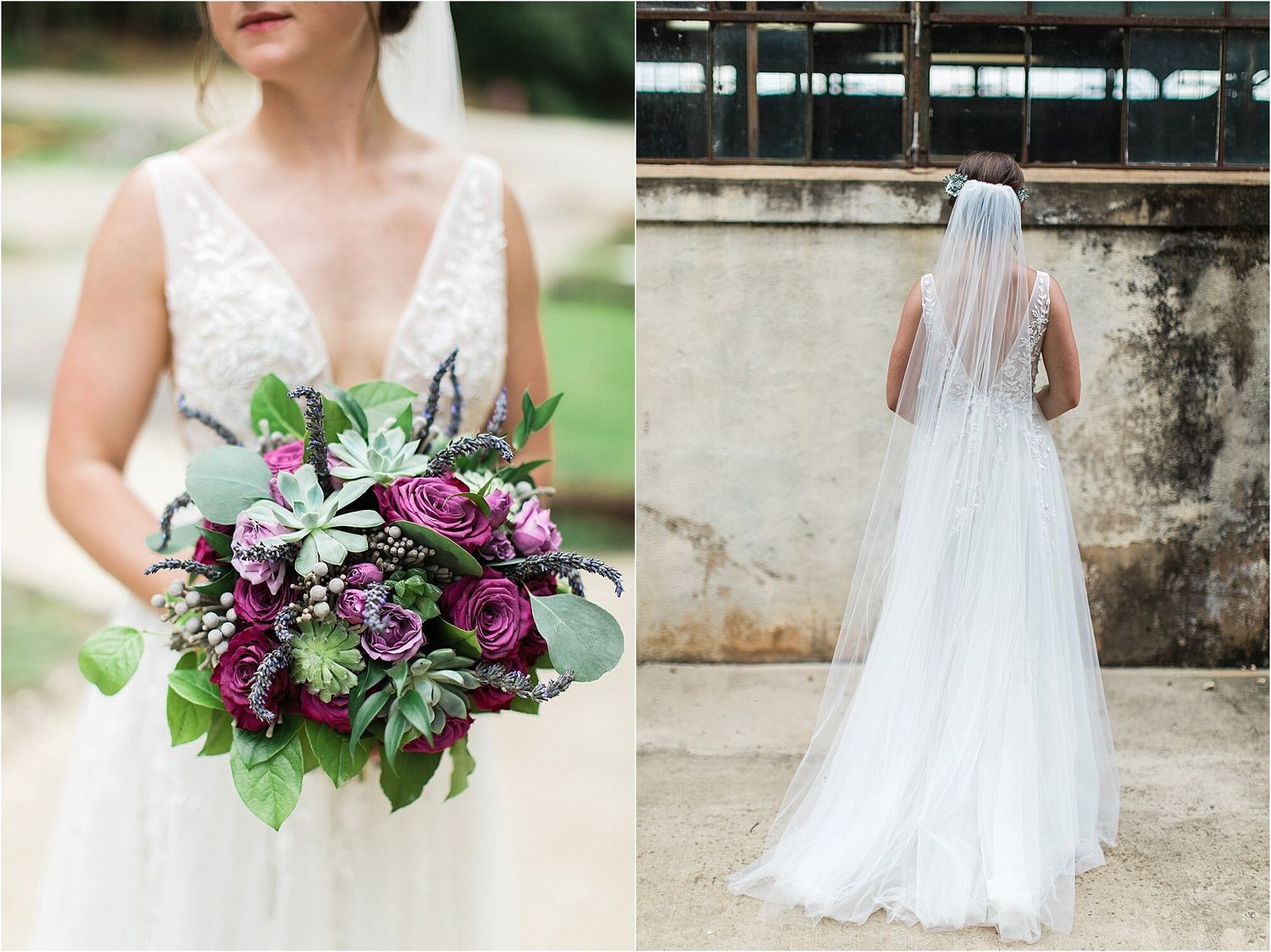 Wedding photos showing a detailed purple bouquet and back view of a white lace wedding gown with veil.