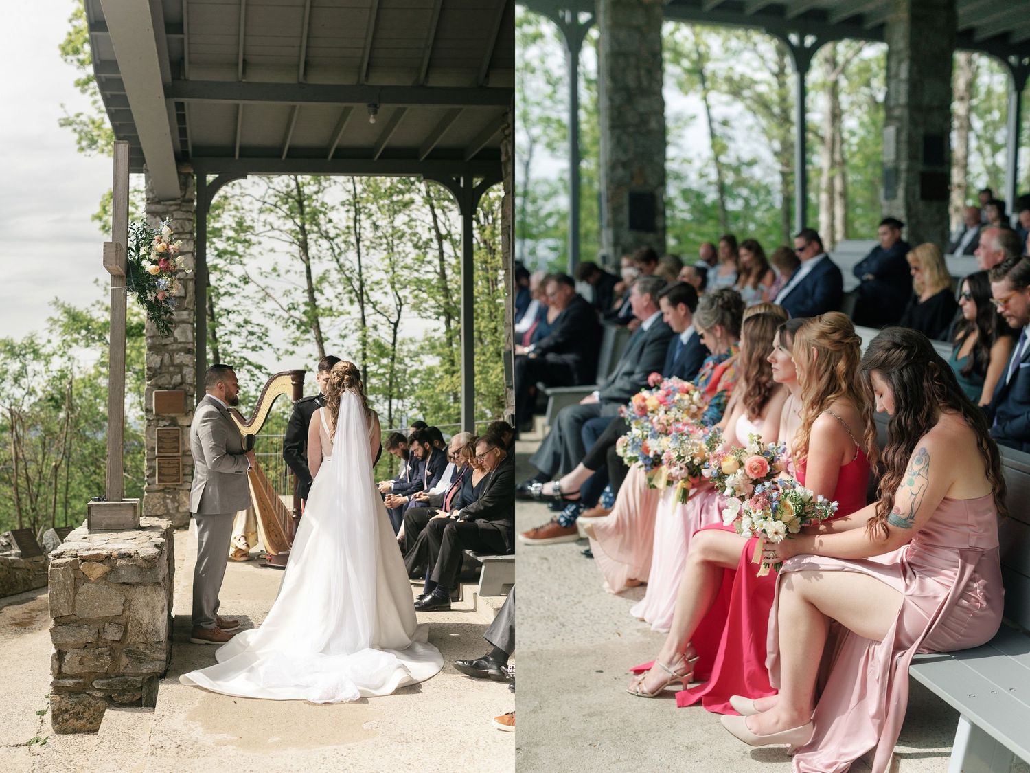 Wedding ceremony taking place under a covered outdoor pavilion while bridesmaids in pink dresses watch from stone benches.