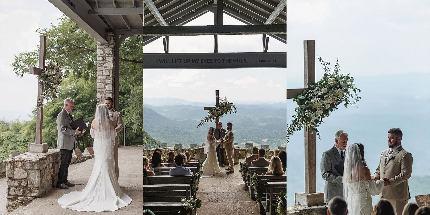 Outdoor wedding ceremony at a scenic mountain overlook with stone pillars and wooden beams.