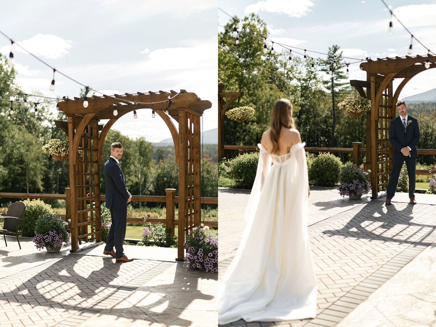 Wedding ceremony setup with wooden pergola arch against mountain backdrop.
