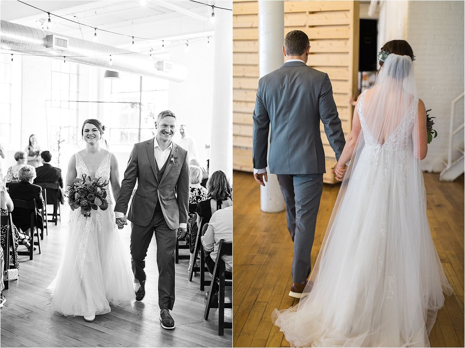 Couple walks down aisle in elegant wedding ceremony with exposed brick and natural lighting.