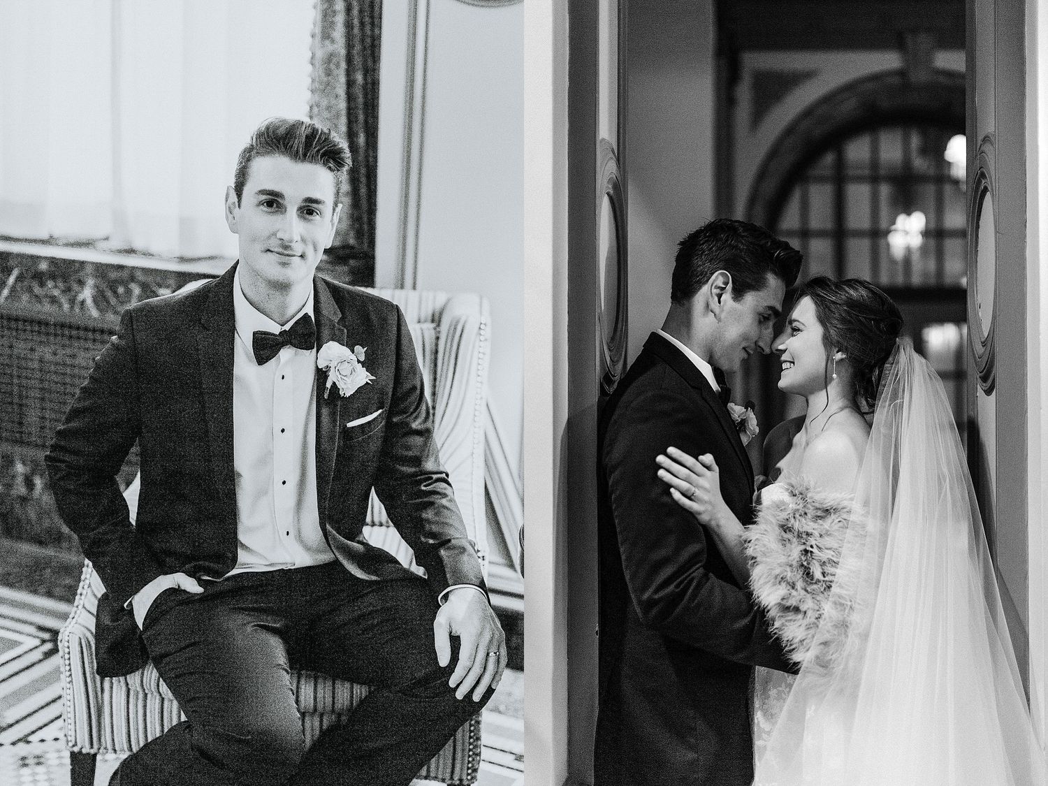 Black and white wedding photo diptych showing formal portraits and intimate moments.