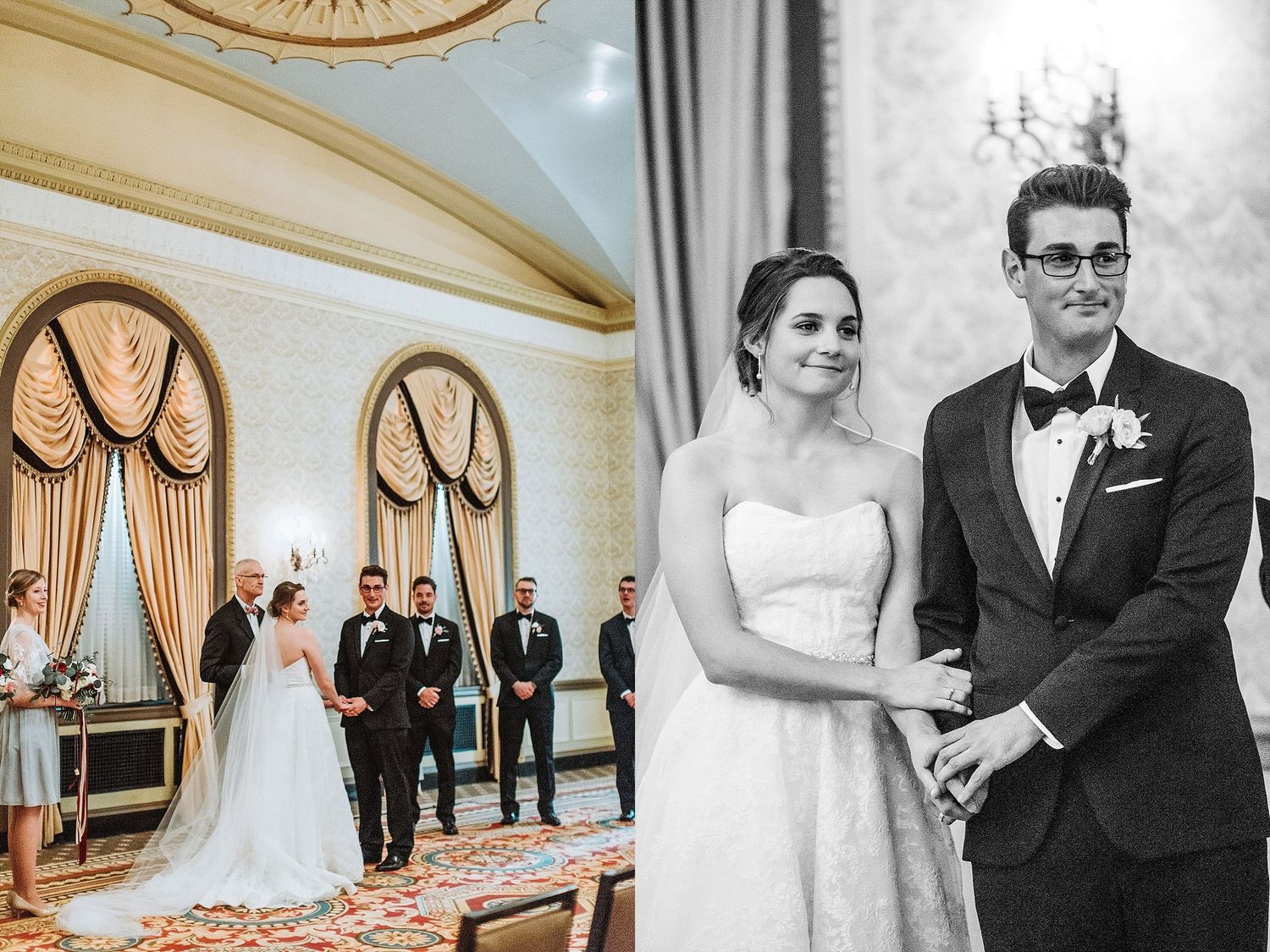 A wedding ceremony in a grand ballroom with elegant drapes and architectural details.