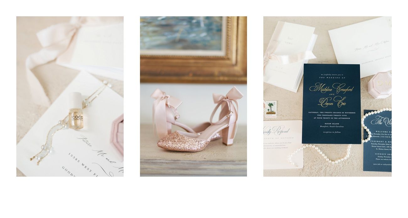 Wedding details collage featuring blush shoes, invitations and delicate accessories in soft tones.