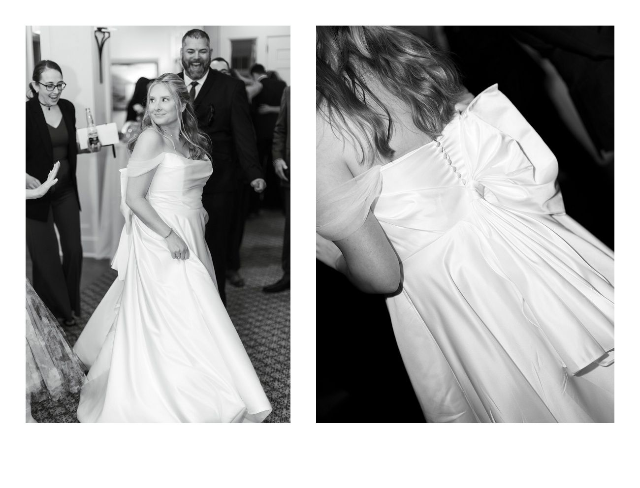 Wedding celebration moments captured in black and white photography showing dancing and joy.