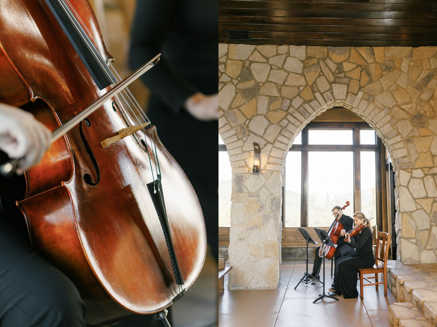 Classical cello musicians performing in an elegant stone-walled venue with natural lighting.