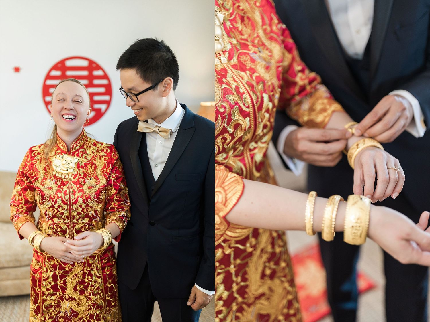 A traditional Chinese wedding shows the couple in red and gold qipao dress and formal suit with gold bracelets ceremony details.