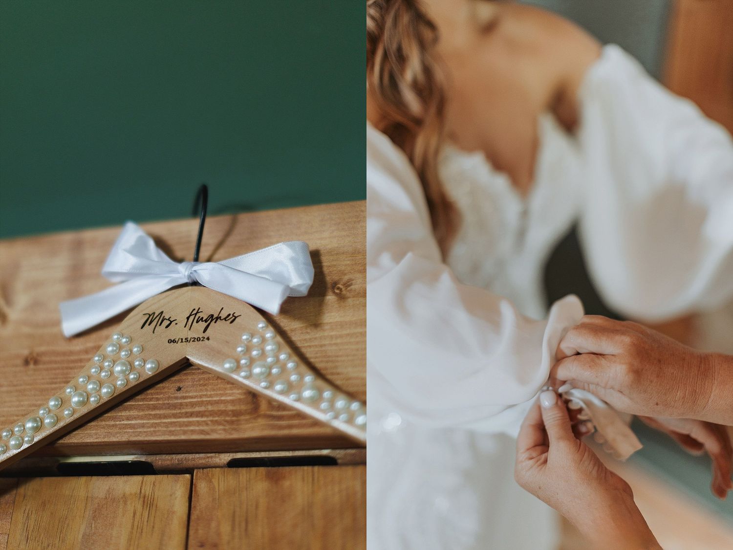 Wedding details showing personalized hanger and bride preparing dress.