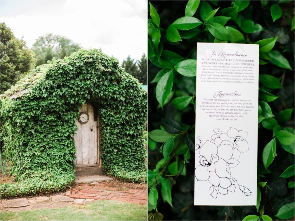 Charming ivy-covered garden entrance with wooden door and elegant wedding program with floral design.