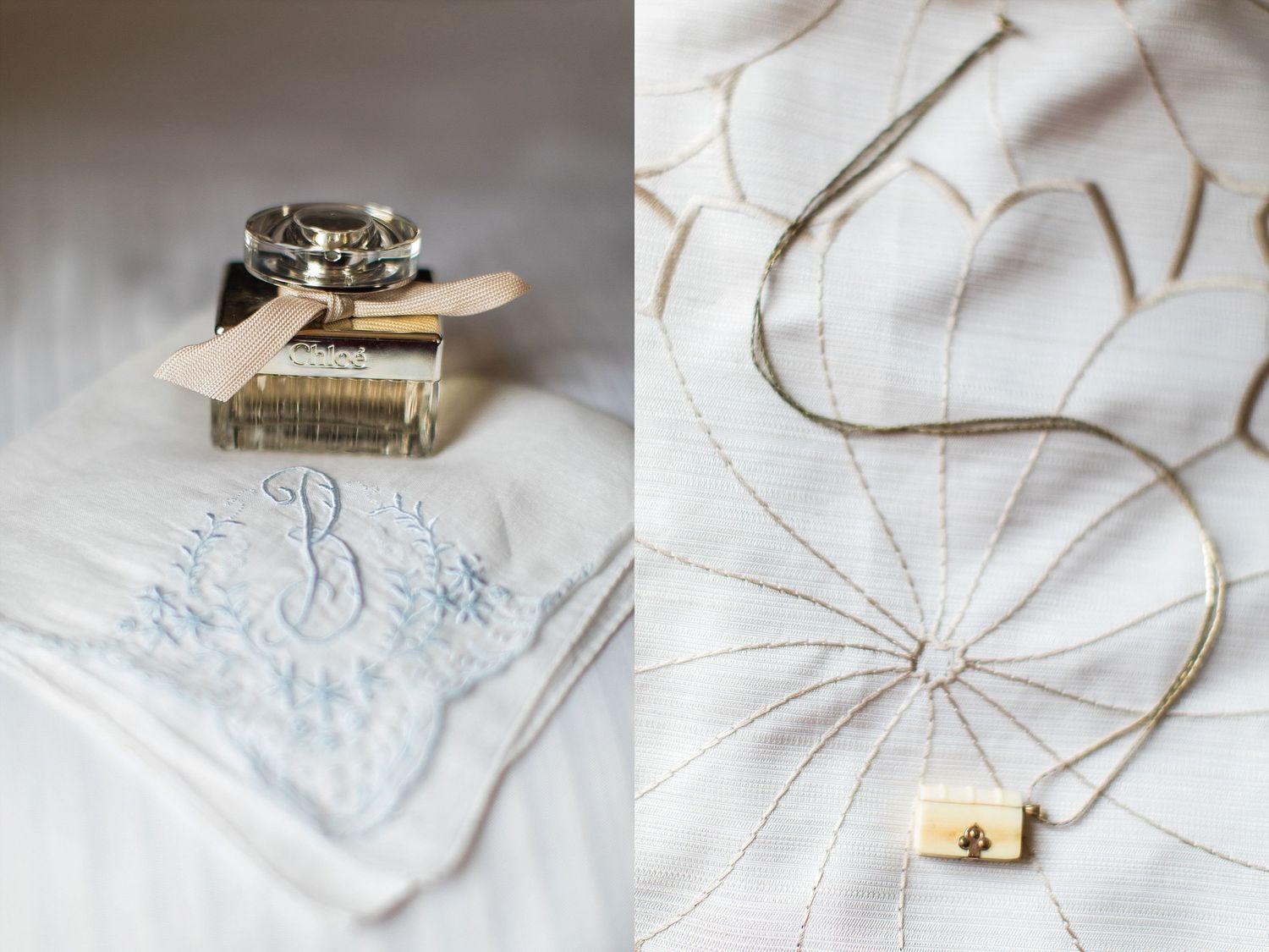 Wedding details featuring a delicate handkerchief and jewelry on white fabric.