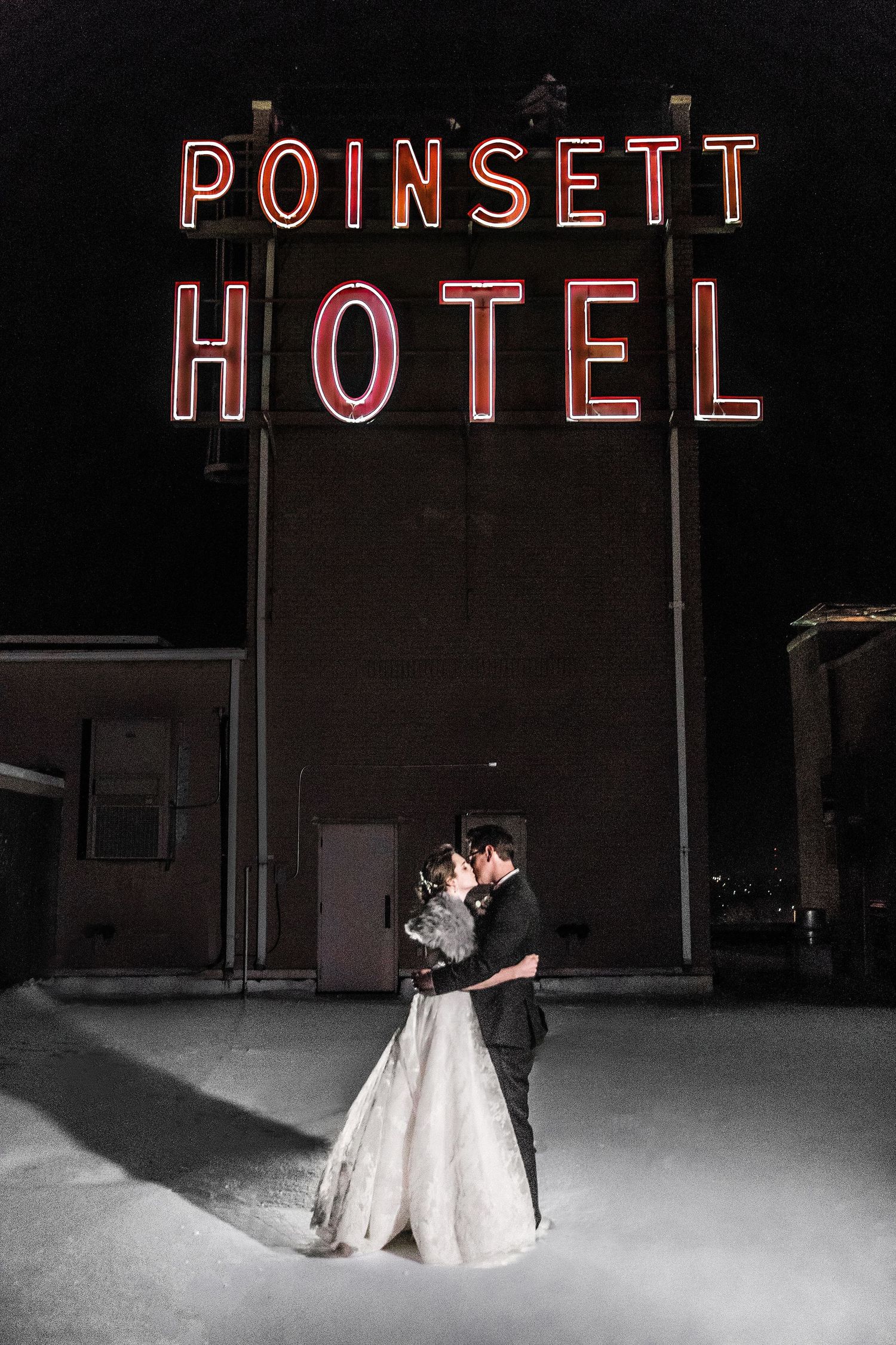 Poinsett Hotel Rooftop with a bride and groom in the snow