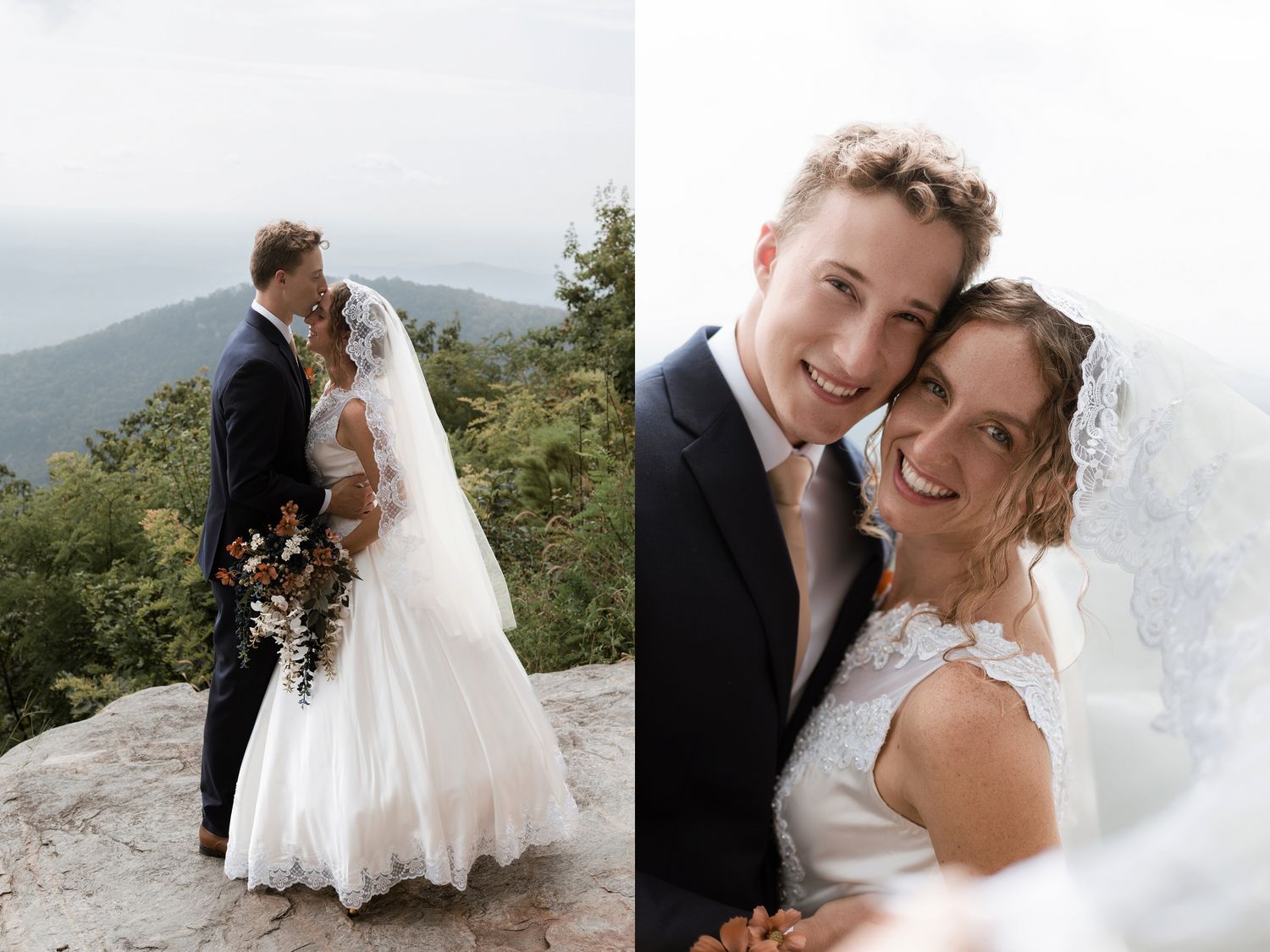 Bride and groom share a kiss on a mountain overlook, with a close-up portrait showing their joyful smiles.