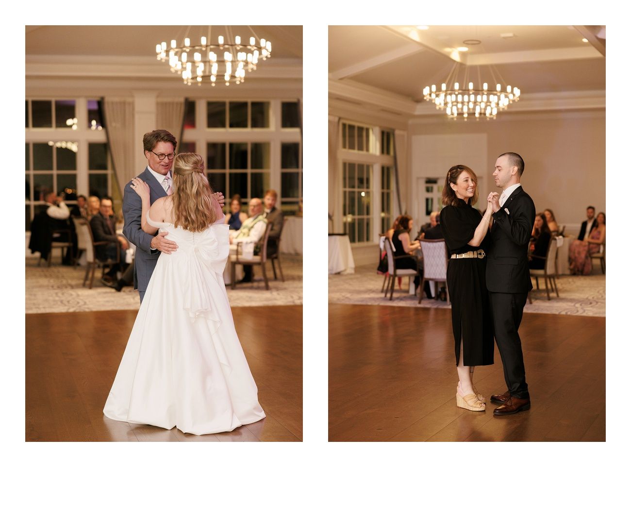 A sequence of wedding reception photos showing couples dancing and celebrating in an elegant ballroom with crystal chandeliers.