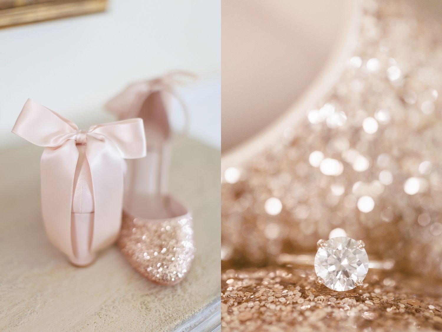 Delicate pink and rose gold wedding accessories including ballet slippers and sparkly details.