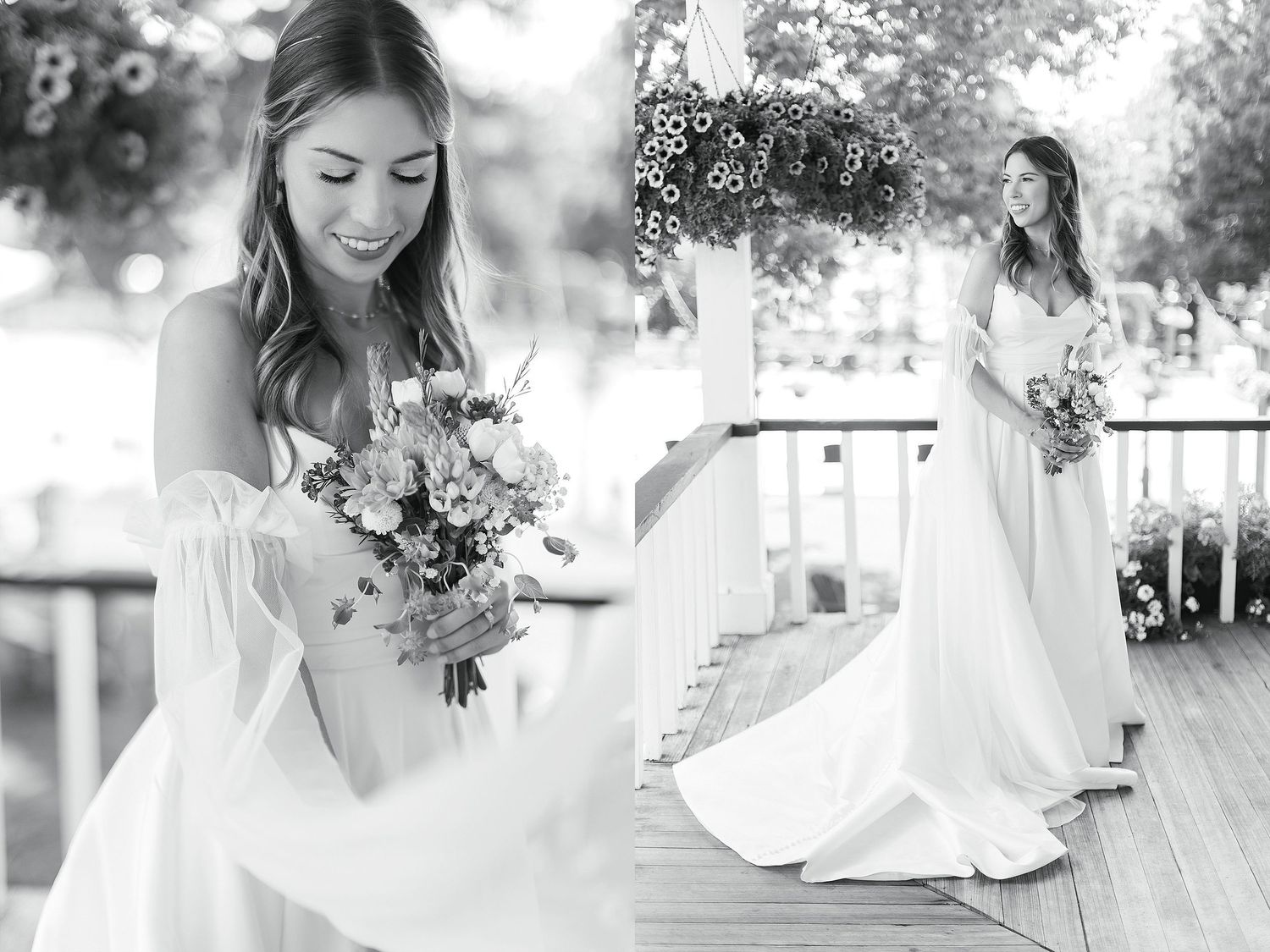 A bride in a flowing white gown poses with her bouquet in black and white photography.