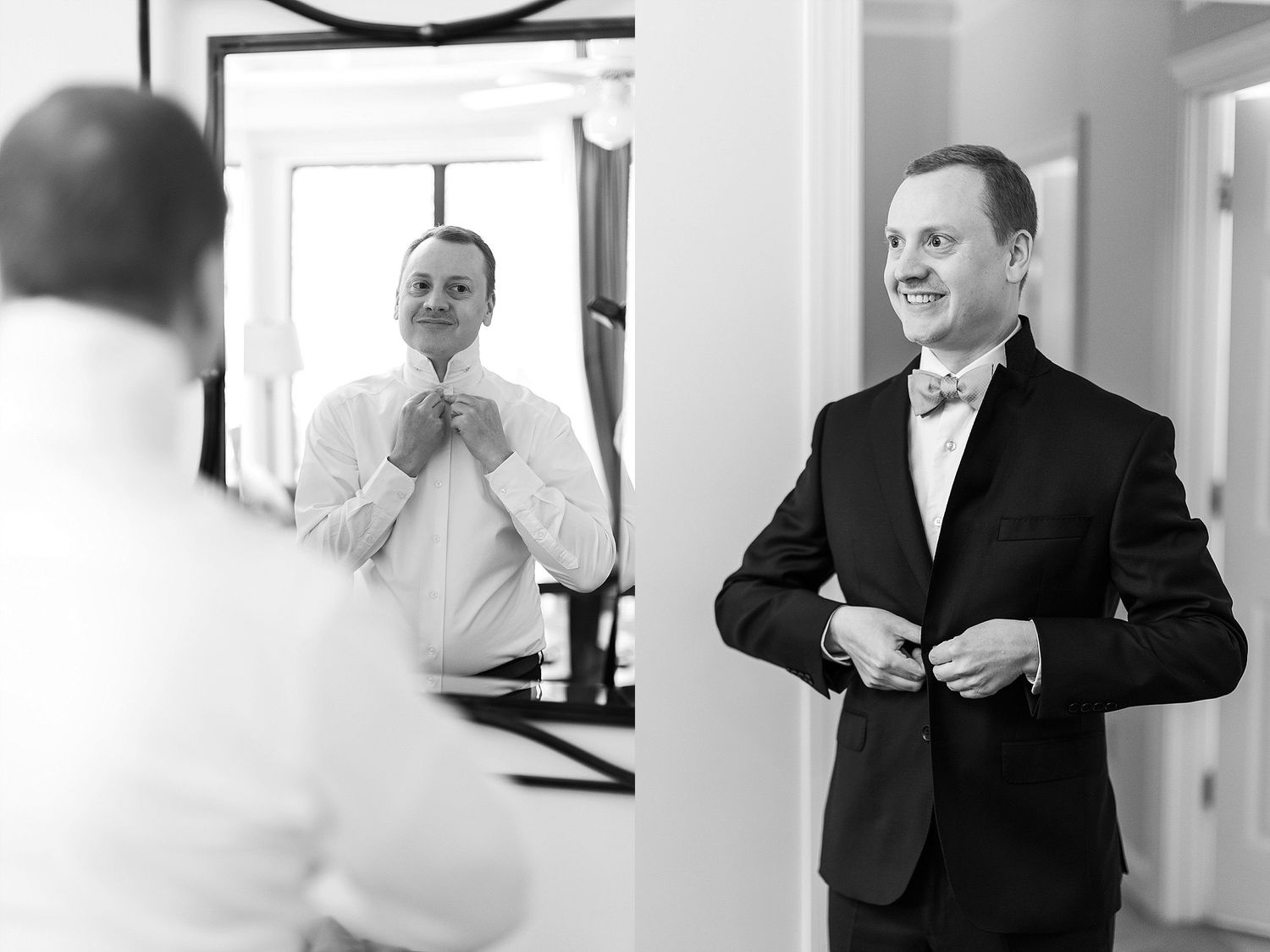 Two men in formal attire getting ready in front of a mirror.