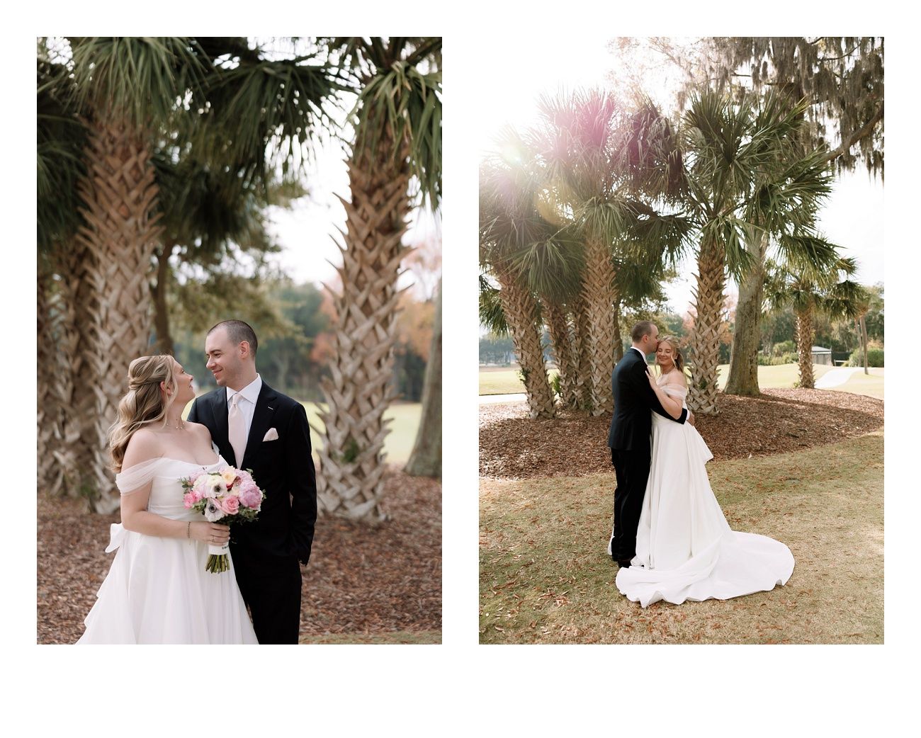 Wedding couple portraits among palm trees at sunset in a coastal setting.