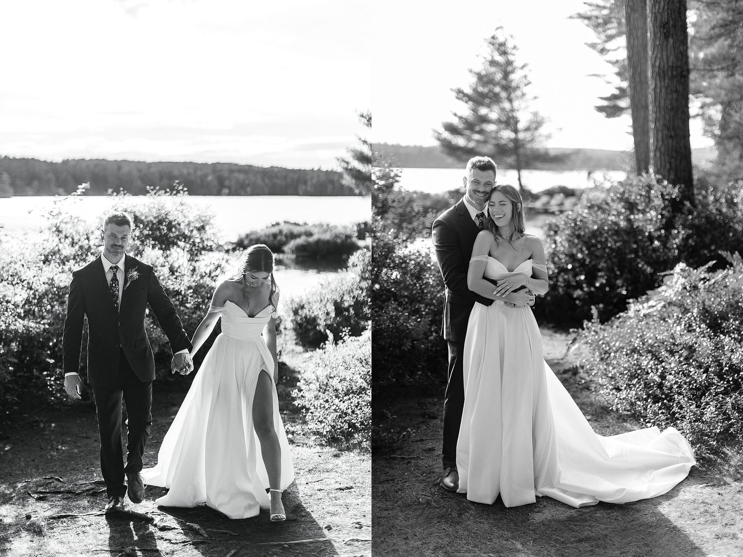Black and white wedding photos showing romantic moments by a lakeside.