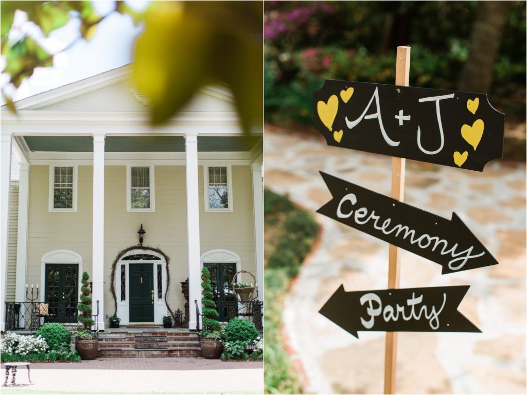 Elegant white colonial mansion with columns and chalkboard directional signs for a wedding ceremony and party.