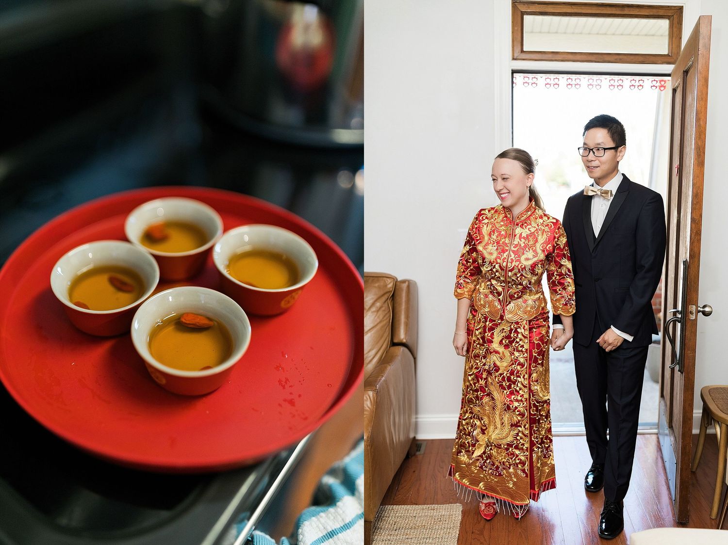 A festive Chinese tea ceremony serving setup with cups of tea on a red tray alongside a traditional wedding ceremony scene.