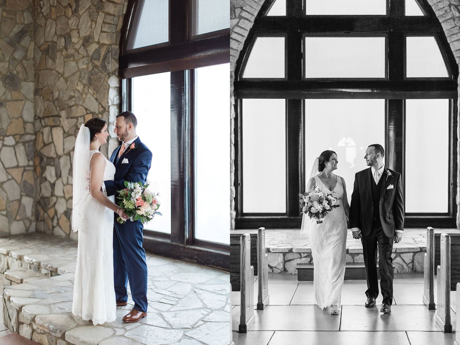 Comparison of color and black-white photos showing couple in stone chapel setting.