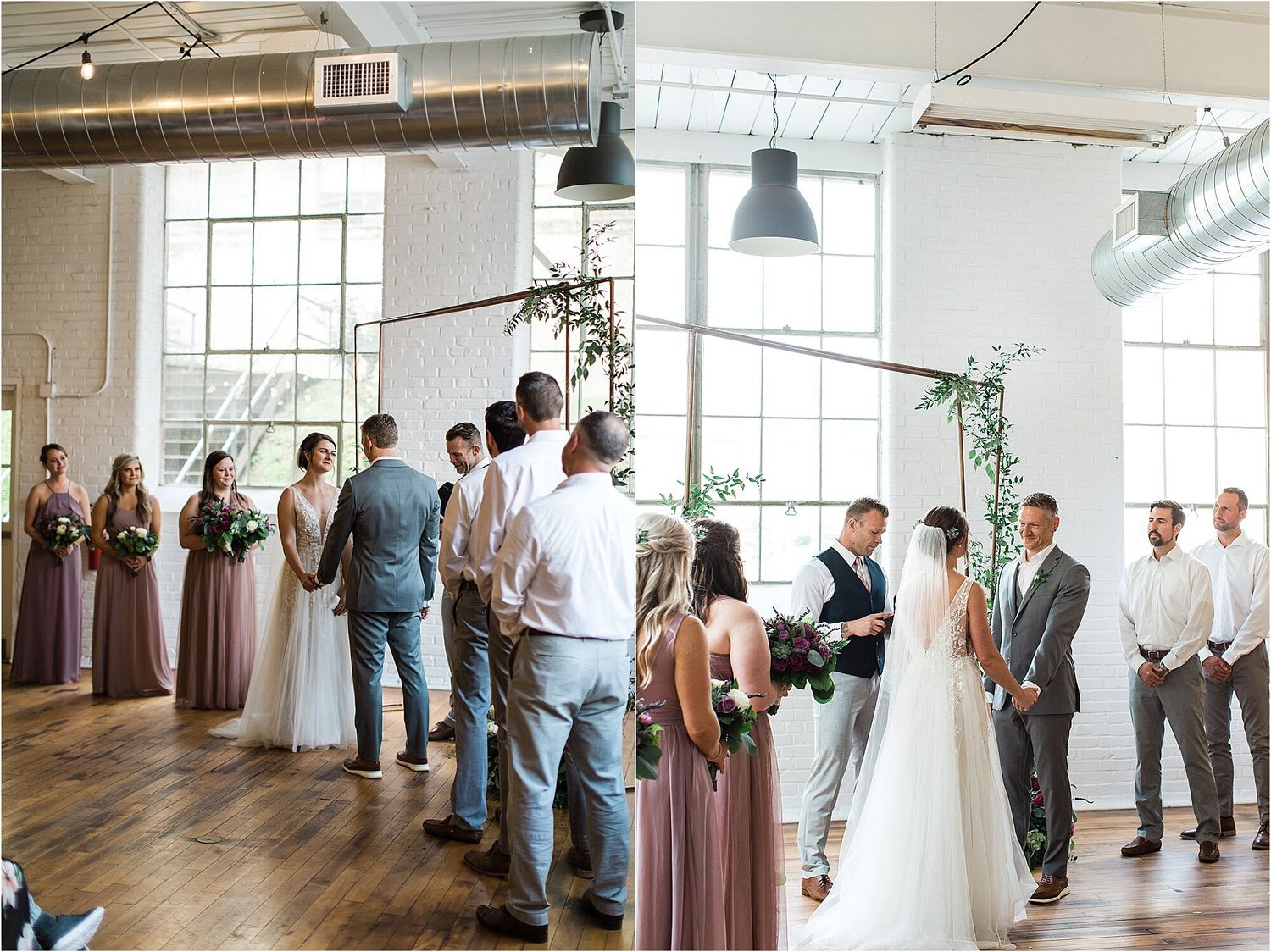 Wedding ceremony in progress with bridal party in mauve and white against industrial backdrop.